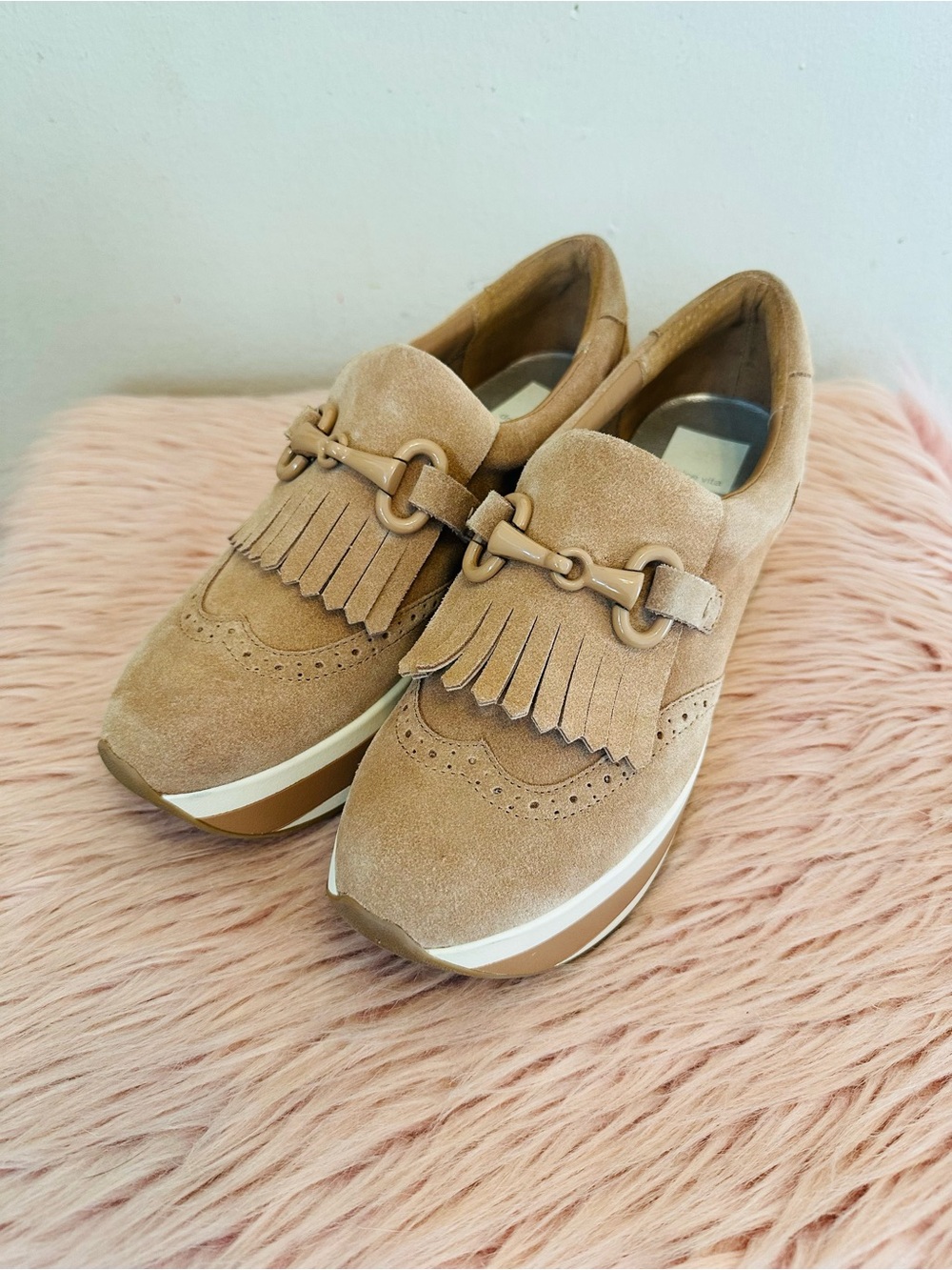 Dolce Vita Suede Fringe Platform Loafers in Beige
